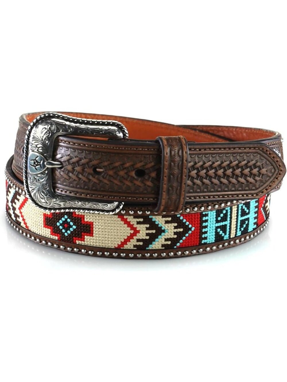 Southwestern Embroidered Leather Belt for Men with Tooled Tabs - Stylish